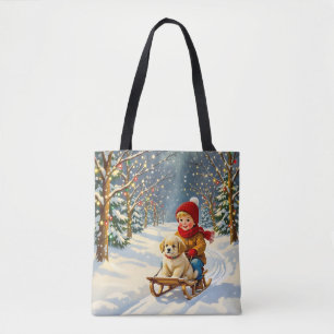 Vintage Weihnachtsszene, Junge auf Schlitten mit W
