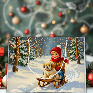 Vintage Weihnachtsszene, Junge auf Schlitten mit W Große Geschenktüte