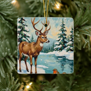 Vintage Weihnachtsszene mit Hirschen und Rotkehlch Keramikornament