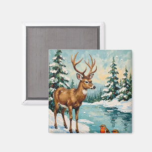 Vintage Weihnachtsszene mit Hirschen und Rotkehlch Magnet