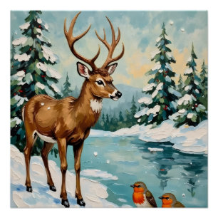 Vintage Weihnachtsszene mit Hirschen und Rotkehlch Poster