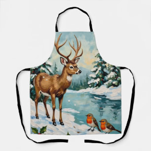 Vintage Weihnachtsszene mit Hirschen und Rotkehlch Schürze