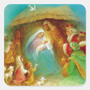Vintage Weihnachtsszene Quadratischer Aufkleber