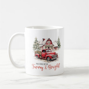 Vintage Weihnachtsszene roter LKW und retro Scheun Kaffeetasse