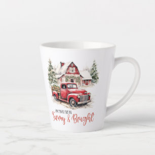 Vintage Weihnachtsszene roter LKW und retro Scheun Milchtasse