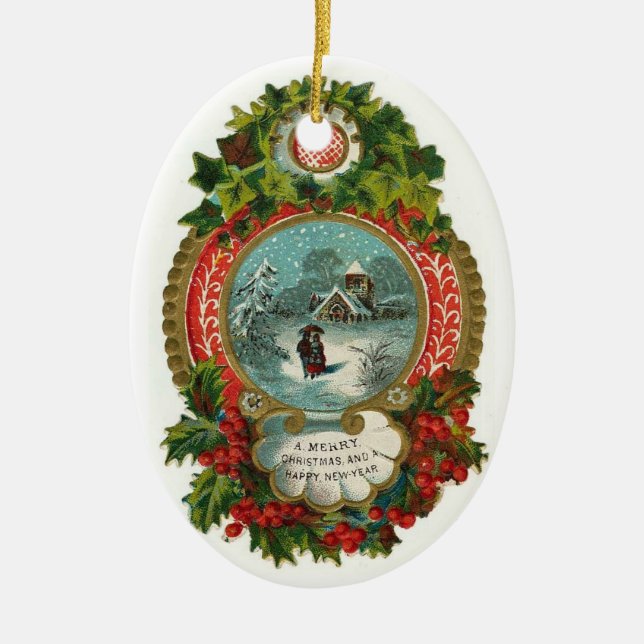 Vintage Weihnachtsszenen-Oval-Verzierung Keramik Ornament (Vorne)