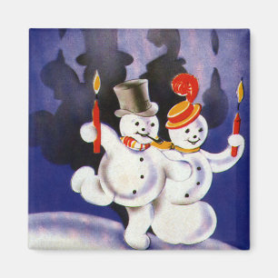 Vintage WeihnachtstanzenSnowmen mit Kerzen Magnet