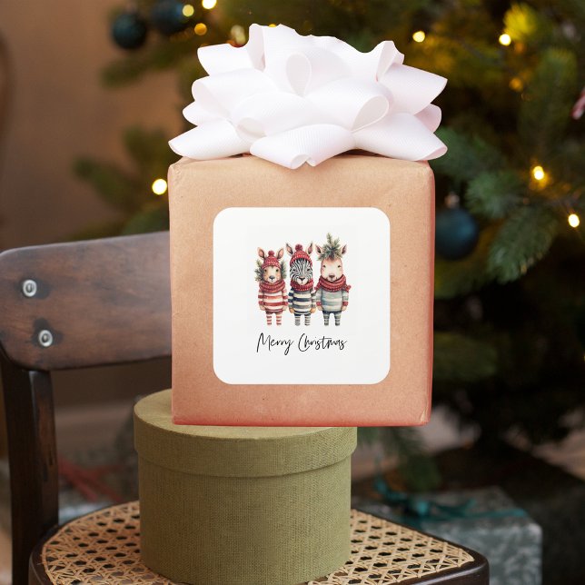 Vintage Weihnachtstiere in Aquarellen Quadratischer Aufkleber (Von Creator hochgeladen)