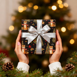 Vintage Weihnachtstiger mit Weihnachtsbaum Schwarz Geschenkpapier