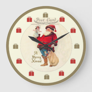 Vintage-Weihnachtsuhr - Santa mit Puppe Große Wanduhr