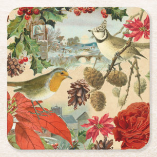 Vintage-Weihnachtsuntersetzer mit Vögeln und Blume Rechteckiger Pappuntersetzer