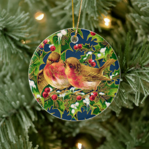 Vintage-Weihnachtsvögel Stechpalme Faux Gold Keramik Ornament