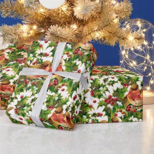 Vintage-Weihnachtsvögel Stechpalme Faux-Gold-Muste Geschenkpapier