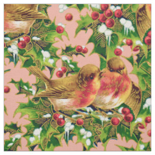 Vintage-Weihnachtsvögel-Stechpalme-Faux-Gold-Muste Stoff