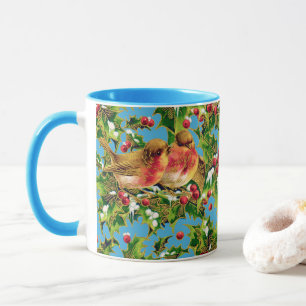 Vintage-Weihnachtsvögel Stechpalme Faux-Gold-Muste Tasse