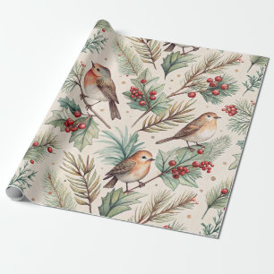 Vintage-Weihnachtsvögel - Stechpalme und Rotkehlch Geschenkpapier