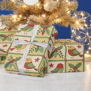 Vintage-Weihnachtsvogel-Stechpalmen-Beeren-Cottage Geschenkpapier