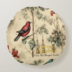 Vintage Weihnachtsvögel Stechpalmen-Beeren Rundes Kissen