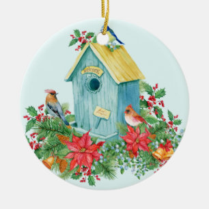 Vintage-Weihnachtsvögel und Beeren-Vogelhaus Keramik Ornament