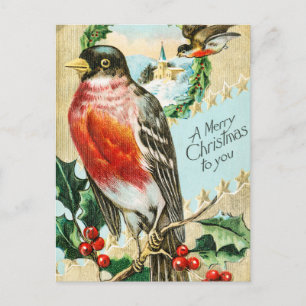 Vintage-Weihnachtsvögel und Stechpalmen Winter Sch Feiertagspostkarte