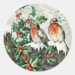 Vintage-Weihnachtsvögel und Stechpalmen-Winter-Sch Runder Aufkleber