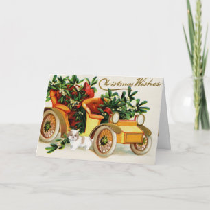 Vintage-Weihnachtswagen mit süßem Welpen dekoriert Karte