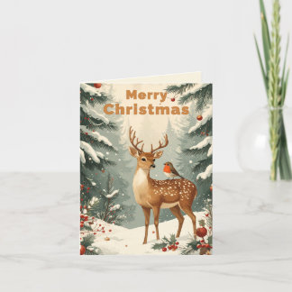 Vintage Weihnachtswald mit Hirsch und Rotkehlchen Feiertagskarte