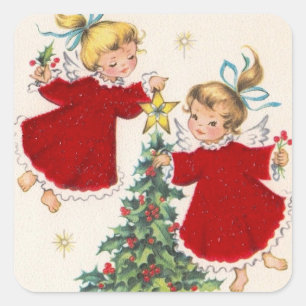 Vintage-Weihnachtswinkel schmücken den Baum Quadratischer Aufkleber