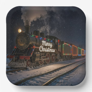 Vintage-Weihnachtszug im Schnee Pappteller