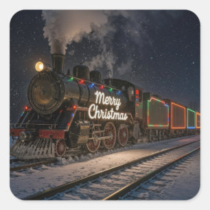 Vintage-Weihnachtszug im Schnee Quadratischer Aufkleber