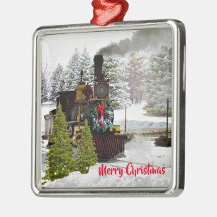 Vintage-Weihnachtszug mit Schnee und Gruß Silbernes Ornament
