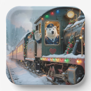 Vintage Weihnachtszug mit winkendem Eisbären Pappteller