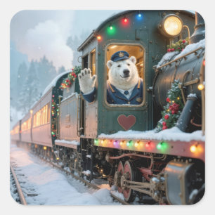 Vintage Weihnachtszug mit winkendem Eisbären Quadratischer Aufkleber