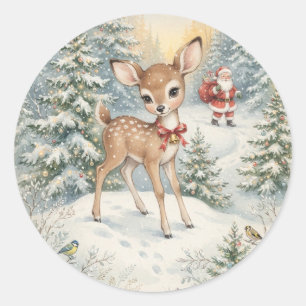 Vintage-Weihshirschen und Weihnachtsmann Holiday W Runder Aufkleber