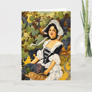 Vintage Weinlese-Mädchen mit Traubenkorb Feiertagskarte