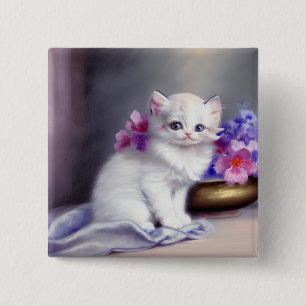 Vintage weiße Kätzchen mit rosa und violetten Blum Button
