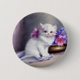 Vintage weiße Kätzchen mit rosa und violetten Blum Button