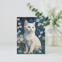 Vintage Weiße Katze Blumen Blaues Porträt Van Gogh