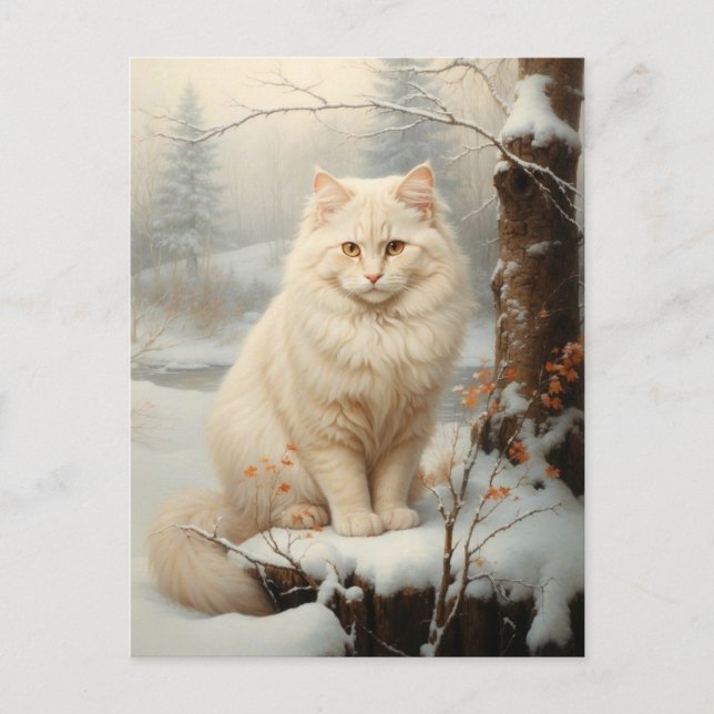 Vintage weiße Katze im Schnee - Persische Ölmalere Postkarte (Vorderseite)