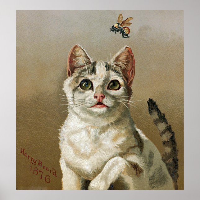 Vintage weiße Katze mit Bienenart-Plakat Poster (Vorne)