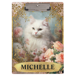 Vintage weiße Katze und rosa Rosen Klemmbrett