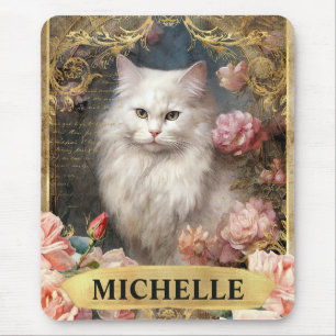 Vintage weiße Katze und rosa Rosen Mousepad