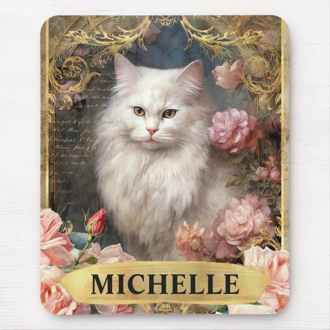 Vintage weiße Katze und rosa Rosen Mousepad (Vorne)
