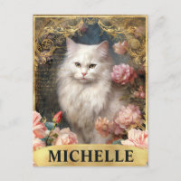 Vintage weiße Katze und rosa Rosen