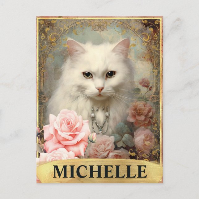 Vintage weiße Katze und rosa Rosen Postkarte (Vorderseite)