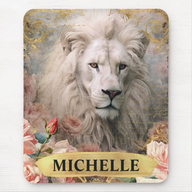 Vintage Weiße Löwen und Rosen Mousepad (Vorne)