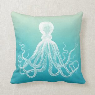 Vintage Weiße Oktopus Aqua Blau Ombre Aquarell Kissen