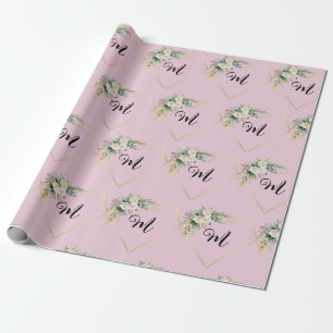 Vintage Weiße Rosa Rosen Goldenes Herz Monogramm Geschenkpapier