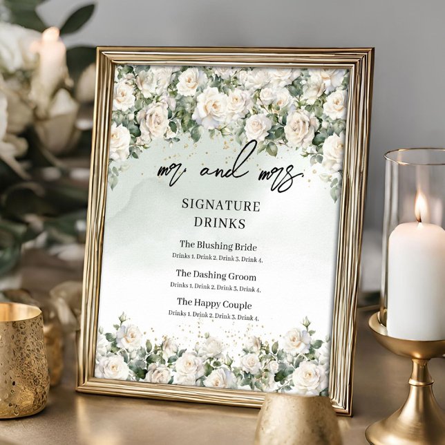 Vintage weiße Rosen und Grüngetränke Poster (Whimsical boho white roses and eucalyptus greenery Mr. and Mrs. signature drinks tabletop sign)