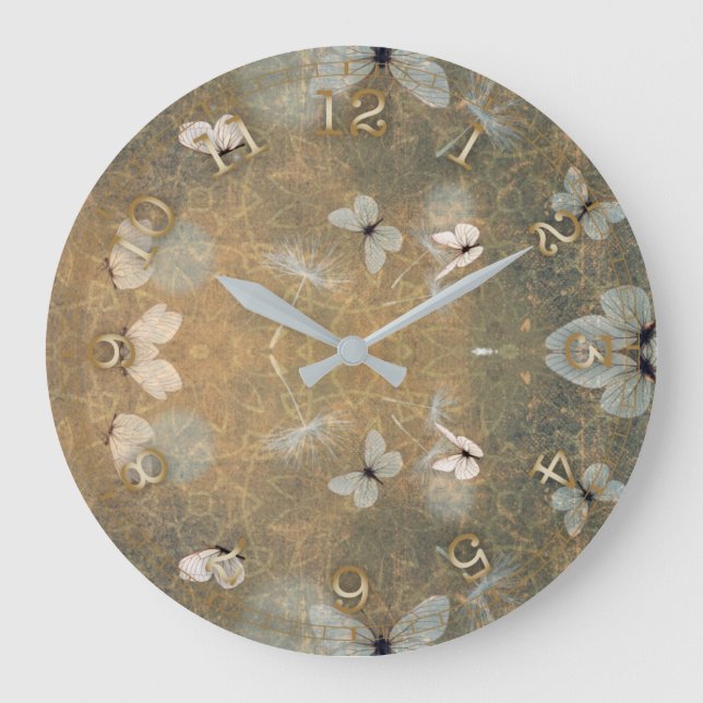 Vintage weiße Schmetterlinge und fliegende Lüster Große Wanduhr (Vorderseite)